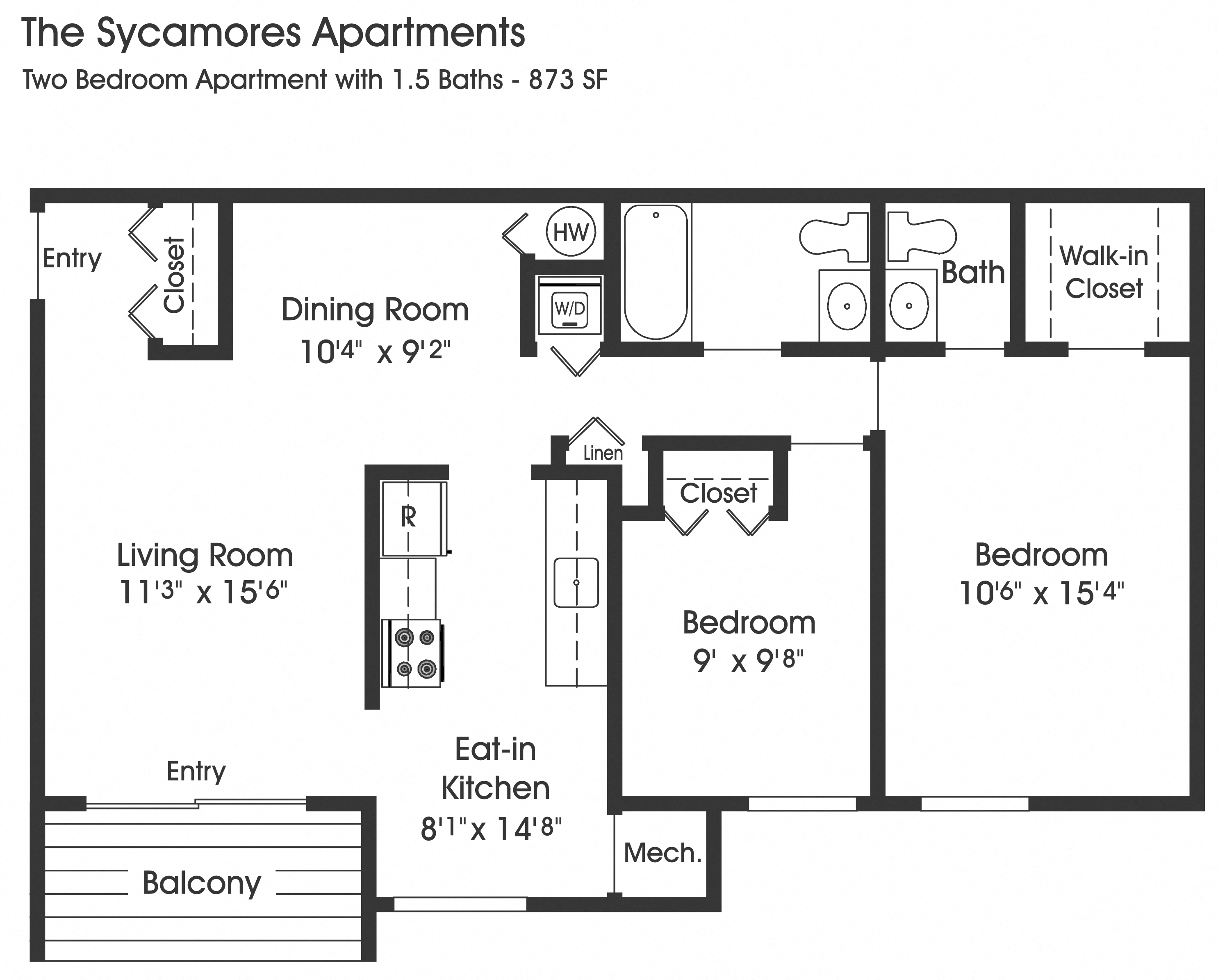 Floor plan for 2 beds, 1.5 baths, 873 sqft